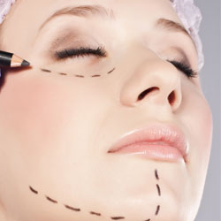 Model's face showing incision areas below right eye and chin