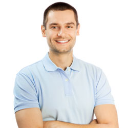 Smiling male model wearing light blue polo shirt